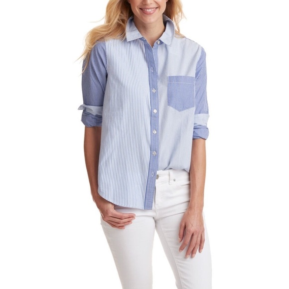 Vineyard Vines Tops - Vineyard Vines Blue White Stripe Mix Cotton Button Up Shirt Size 6 Preppy Classi